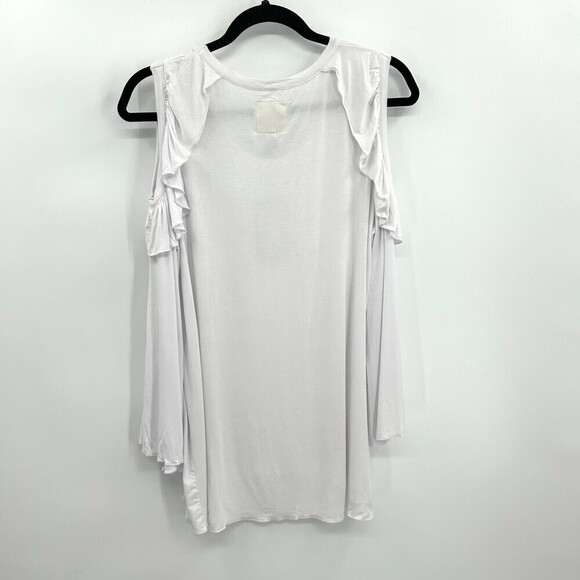 NWT CHASER White Bell Sleeve Cold Shoulder Ruffle Comfy Stretch Shirt Medium - Picture 4 of 6